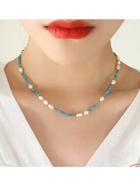 Blue Stone + Pearl Necklace Gold Waterproof Beach Summer Vacation Choker